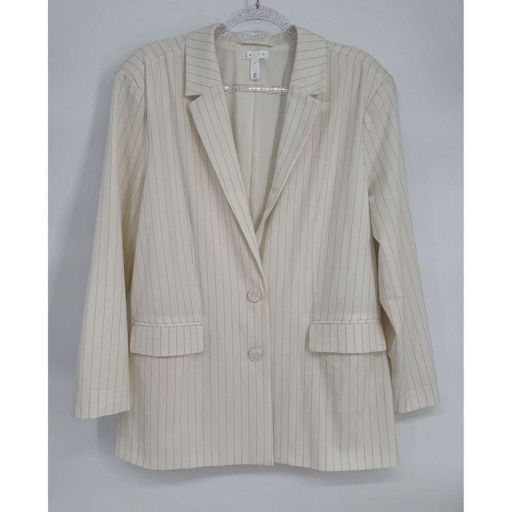 Leith Womens Pinstripe Blazer Cream Ivory Two Button Lined Career Jacket Sz L